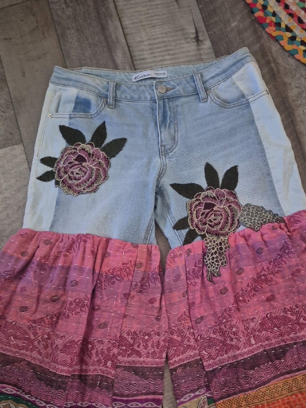 Custom High Quality Denium Bohemian Floral Patchwork Wide-Leg Kantha Pants L - Picture 5 of 8